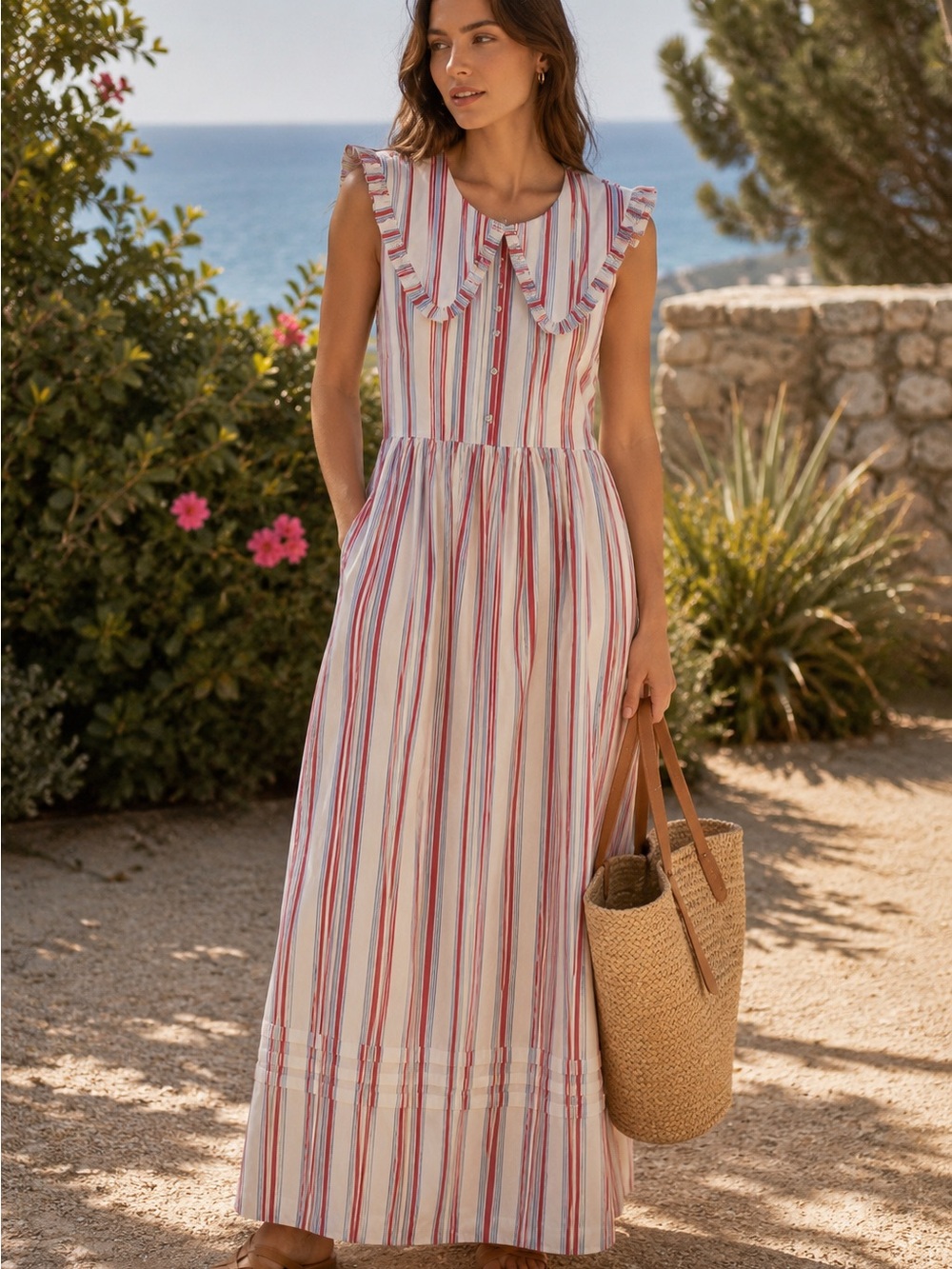 NWT Caroline Constas Sailor Collar Striped Cotton Maxi Dress Coastal Preppy S M
